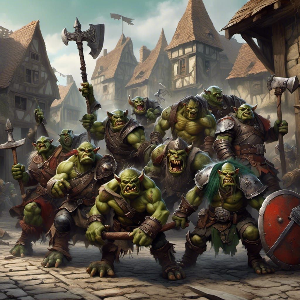 Hyperrealistic Orc Warband Attacks Medieval Town