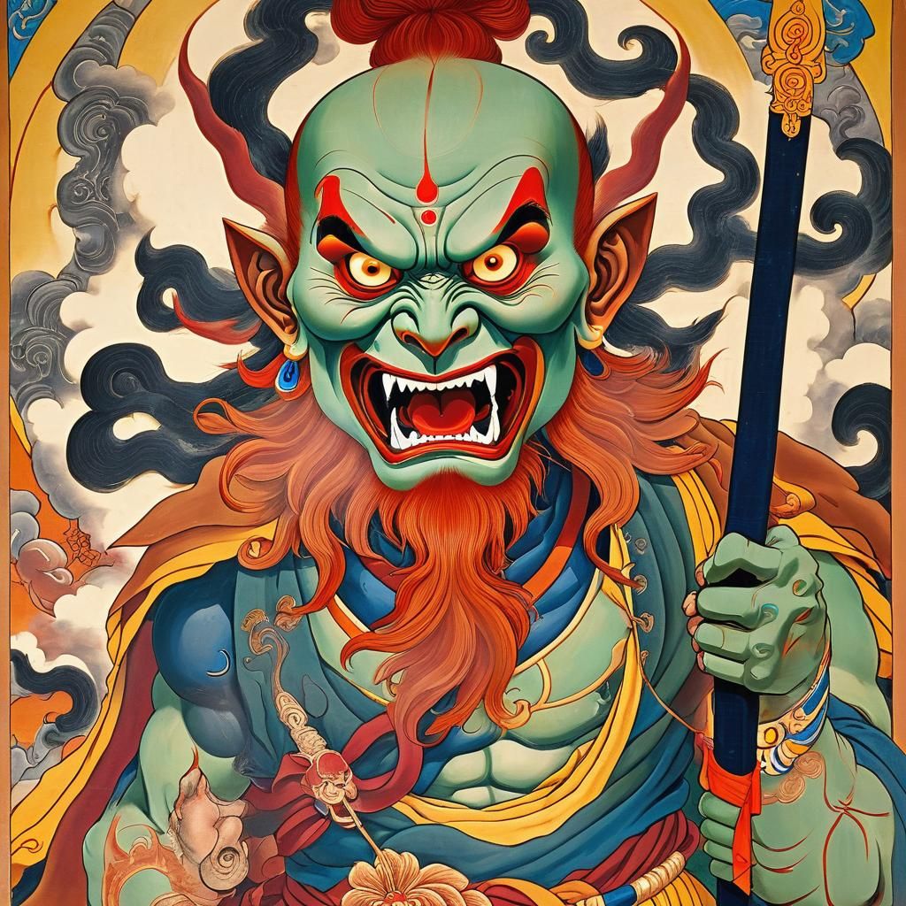 Wrathful Deity Portrait in Thangka Art Style