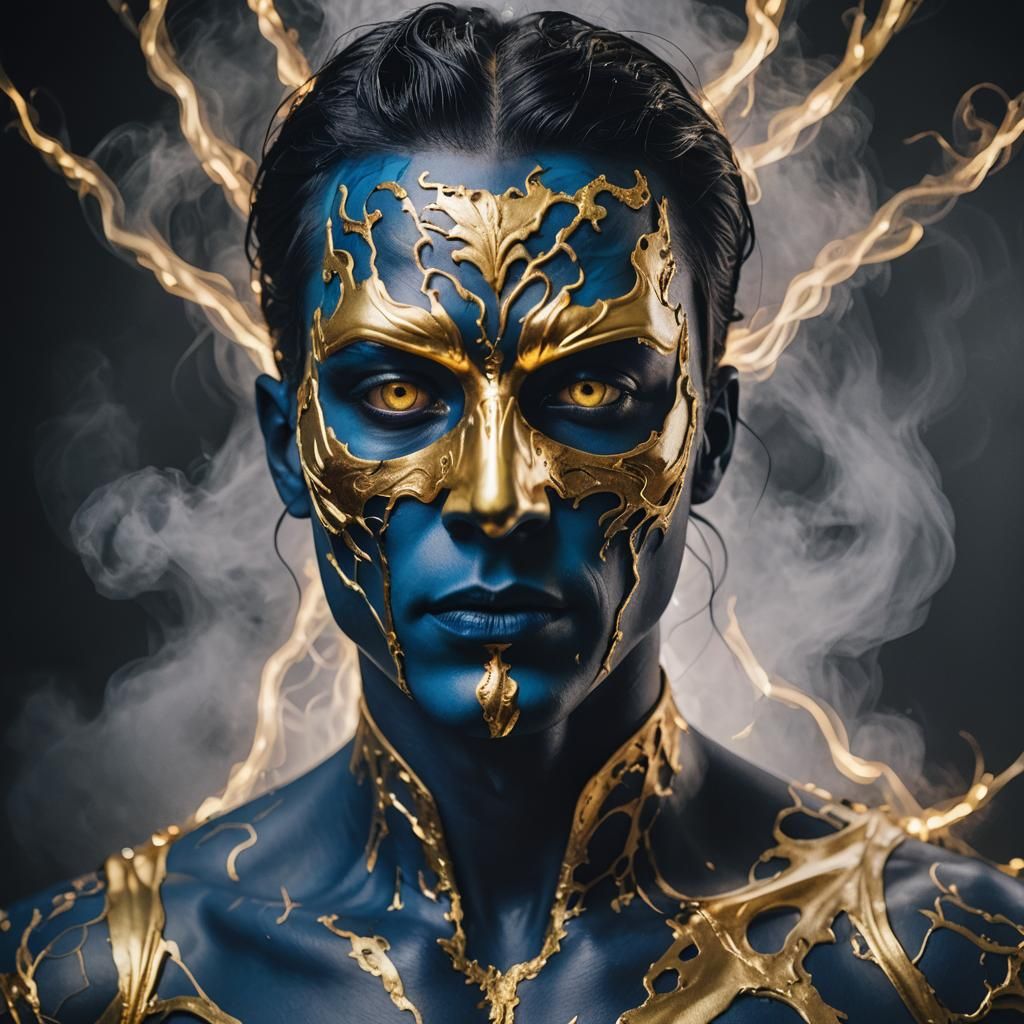 Cobalt Man with Golden Mask in Vaporwave Style