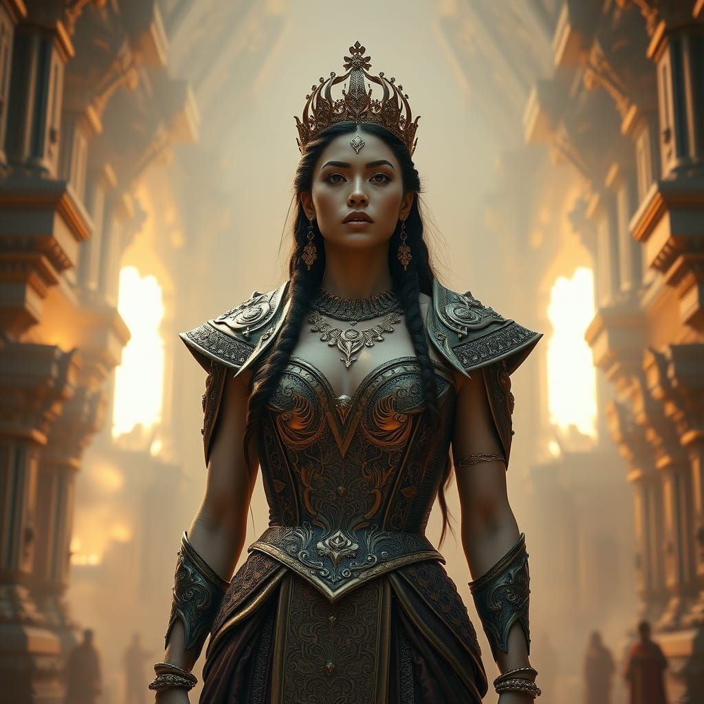 Elegant Warrior Queen in Ethereal Temple, Bronze and Gold