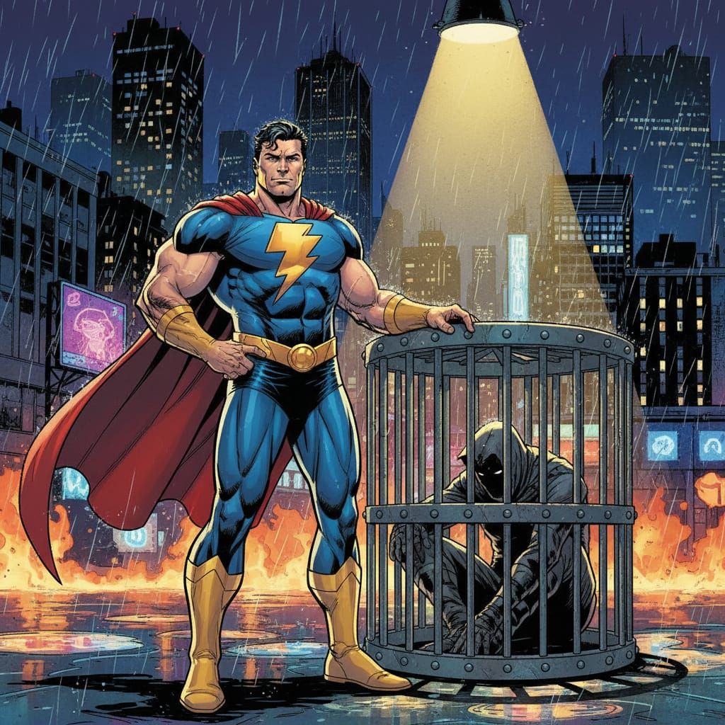 Confident Hero Victorious Over Villain in Comic Book Style