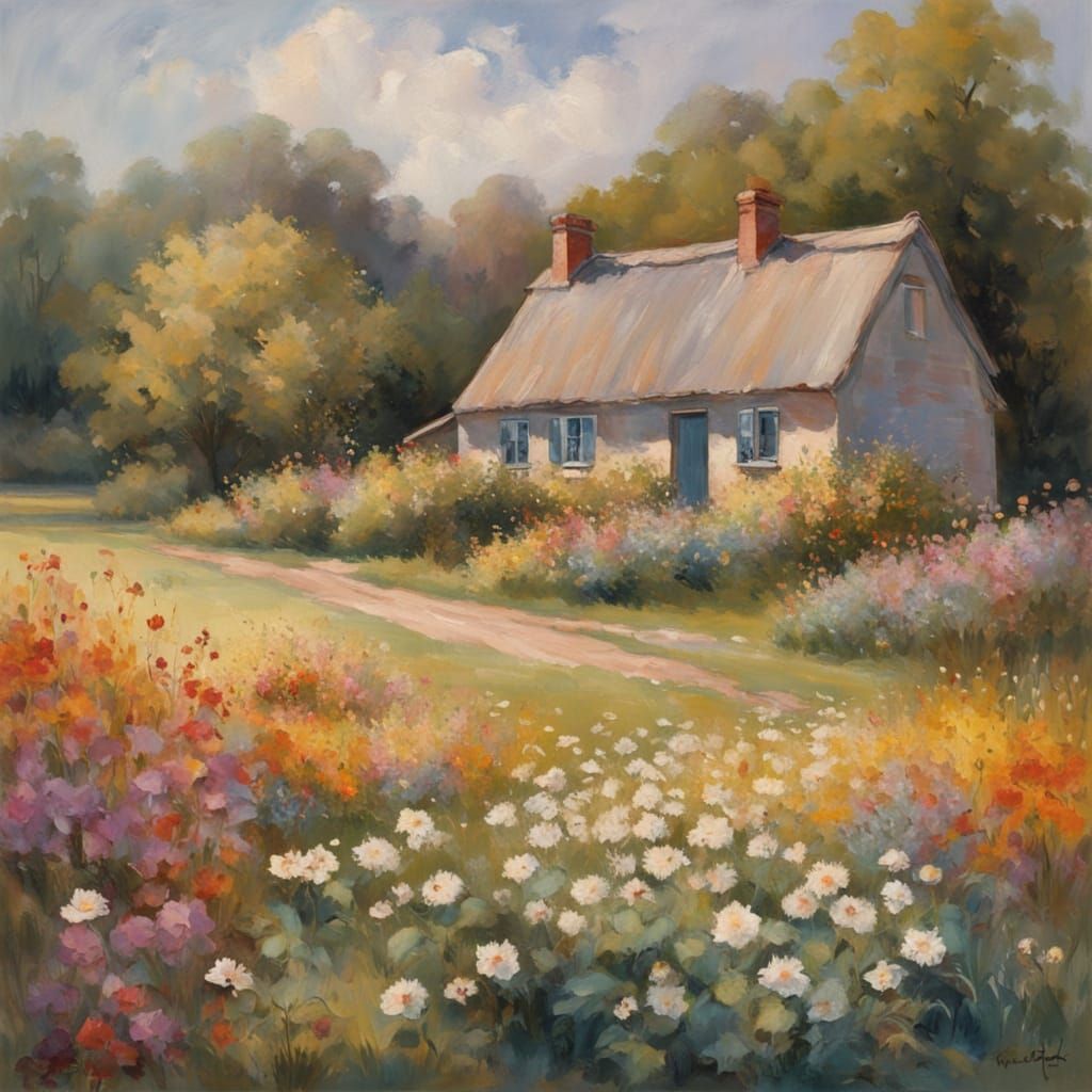 Quaint Cottage by Lake in Wildflower Field, Afternoon Sun