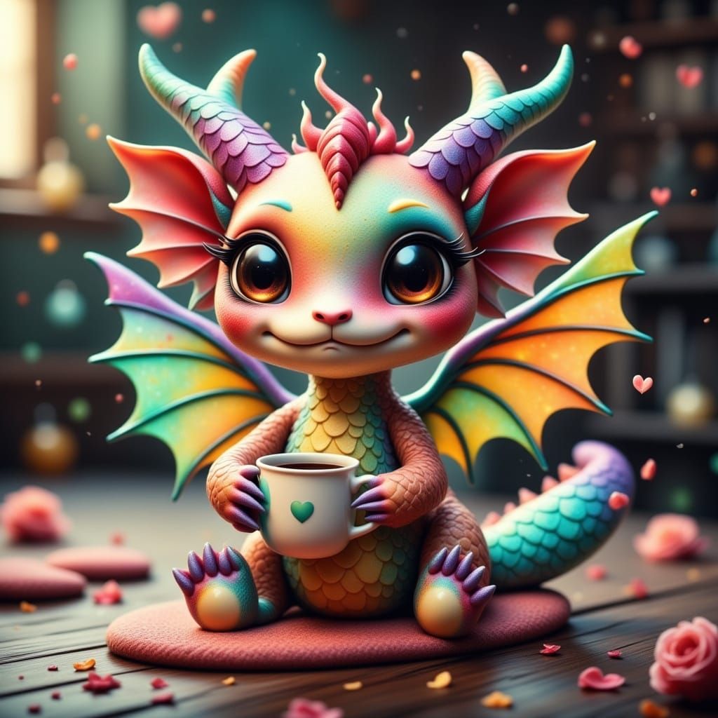 Cute Kawaii Dragon with Coffee, Rainbow Scales