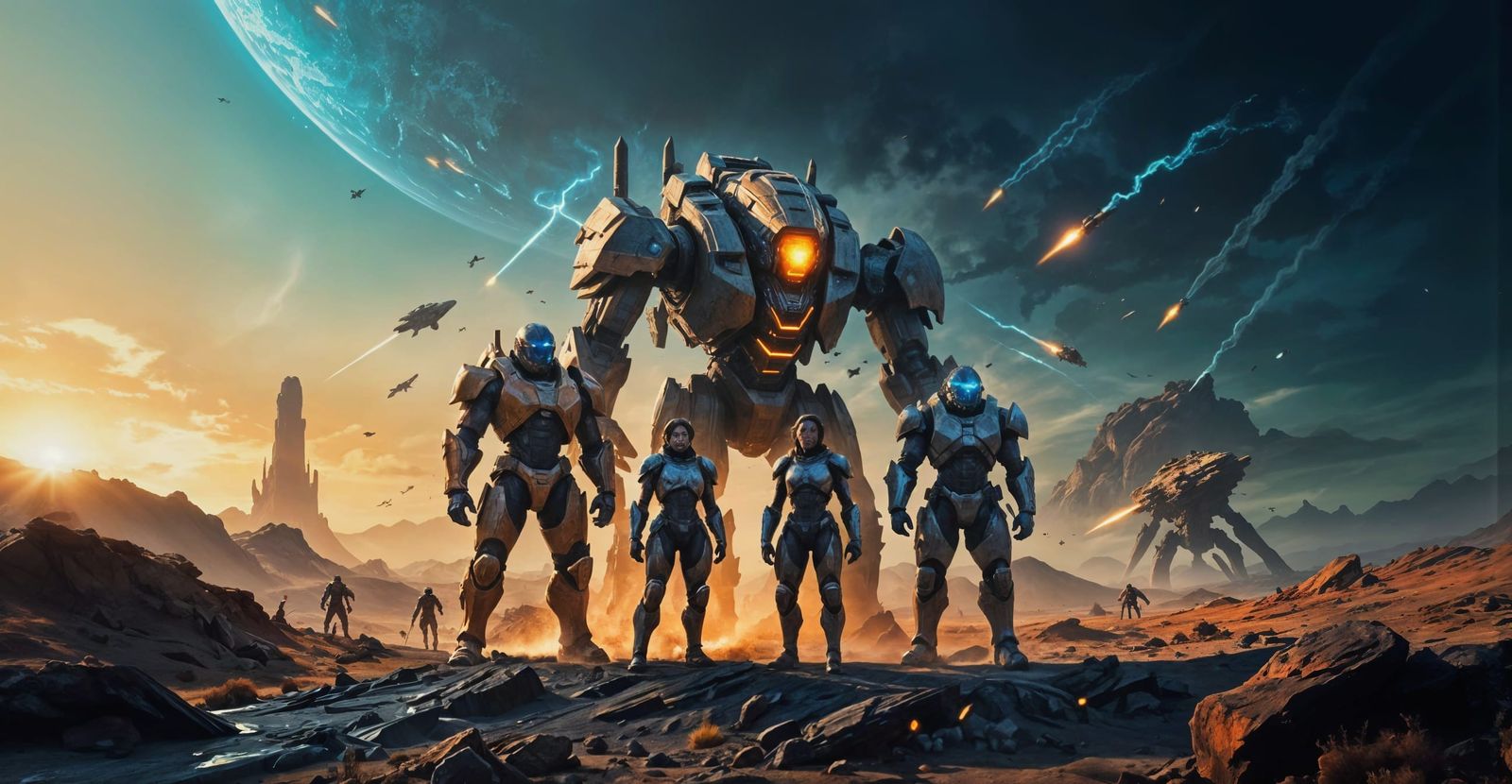 Futuristic Warriors Gaze Upon Colossal Spaceship