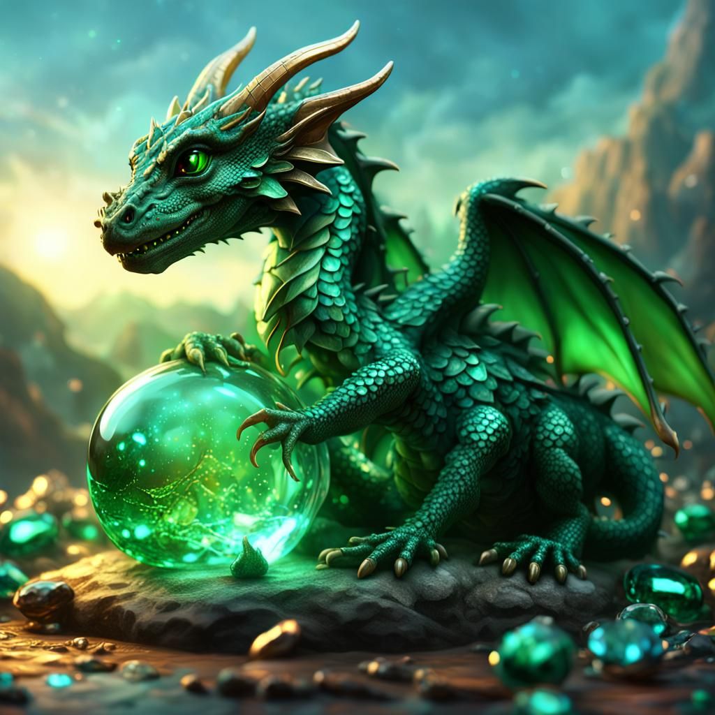 Green Dragon Cub with Glowing Jewels