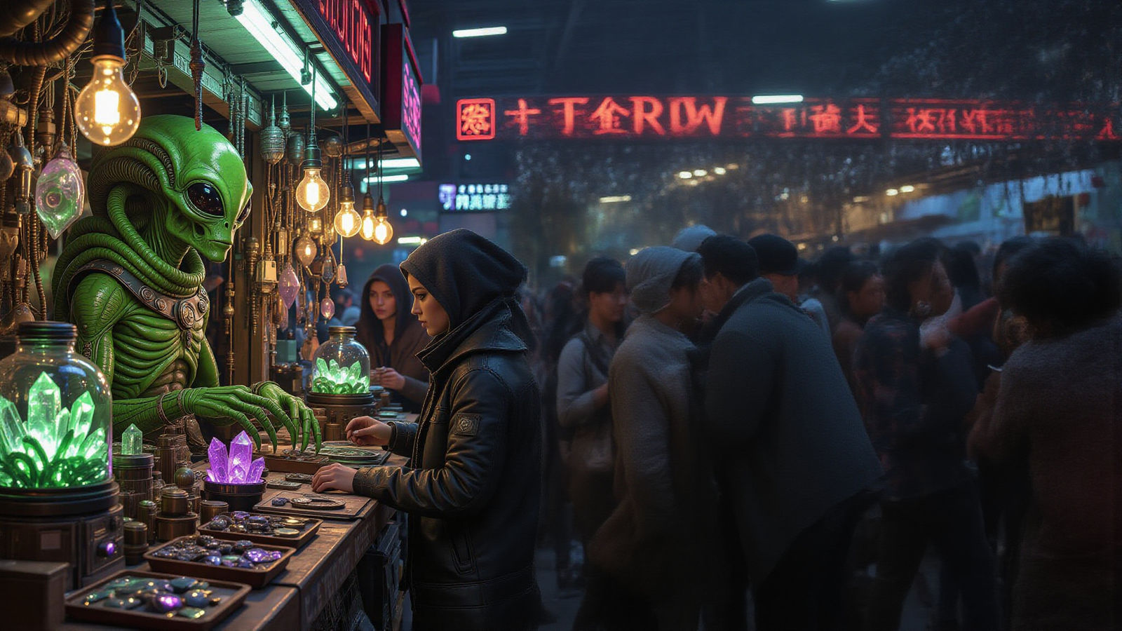 Hyperrealistic Alien Market Stall with Glowing Gadgets