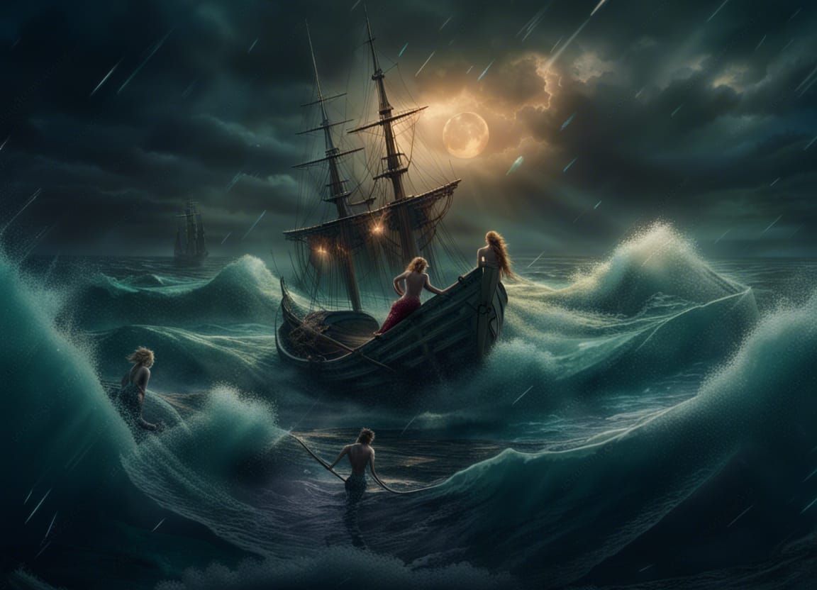 Mermaids Play in Stormy Seas: Fantasy Concept Art