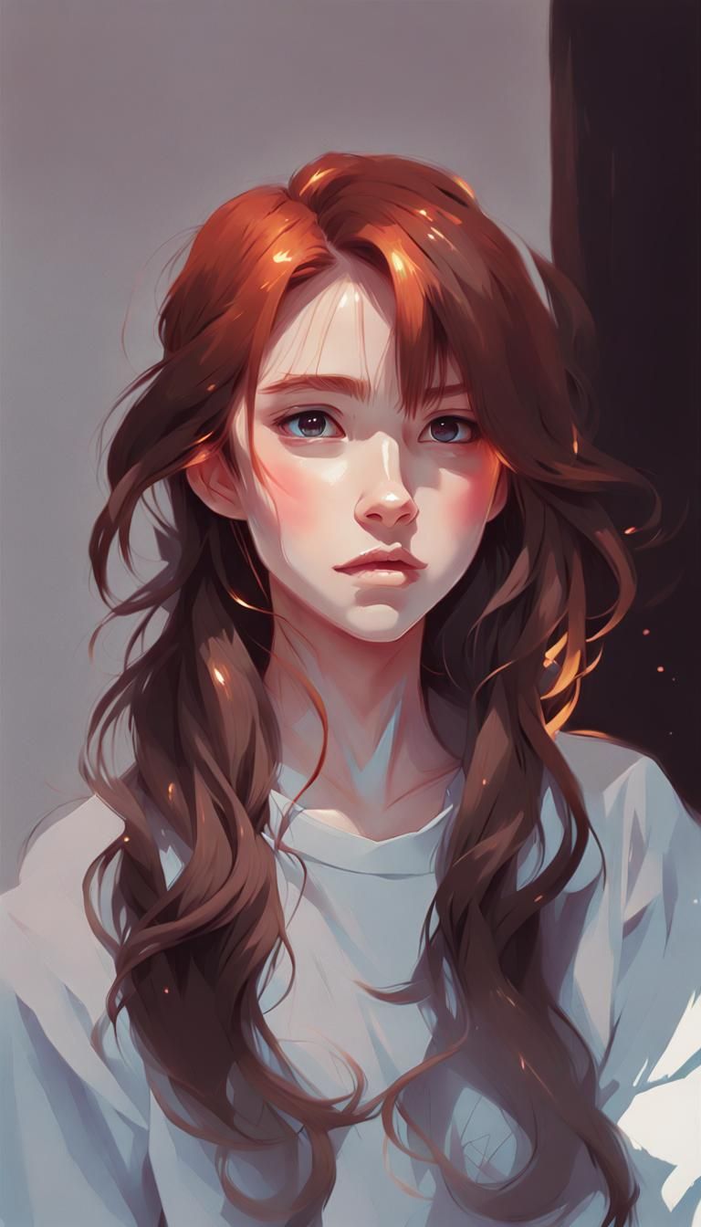 Anime Girl Gouache Portrait with Ringlet Hair