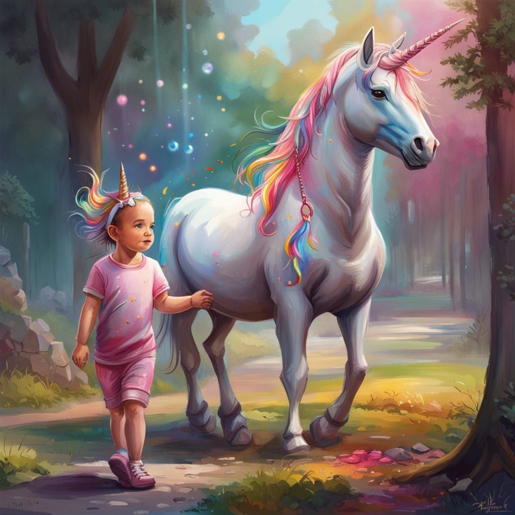 Colorful Unicorn Baby on Leash in Park