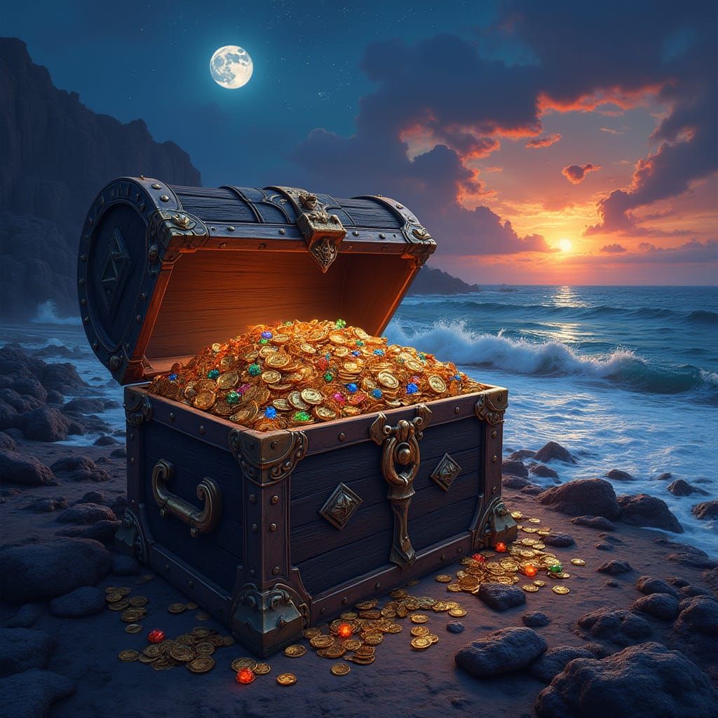 Majestic Treasure Chest on Lava Beach at Night