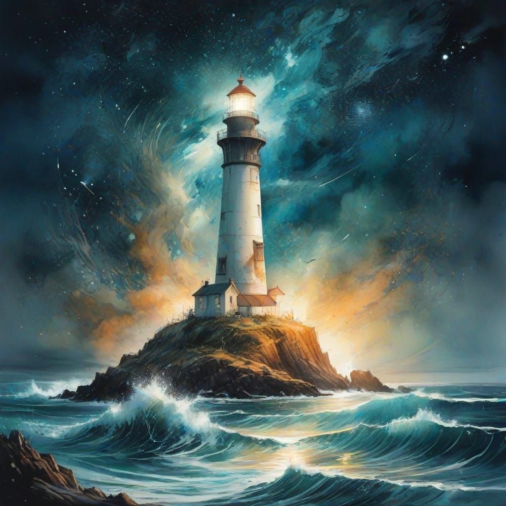 Lighthouse Illuminates Turbulent Oceanscape Under Celestial ...