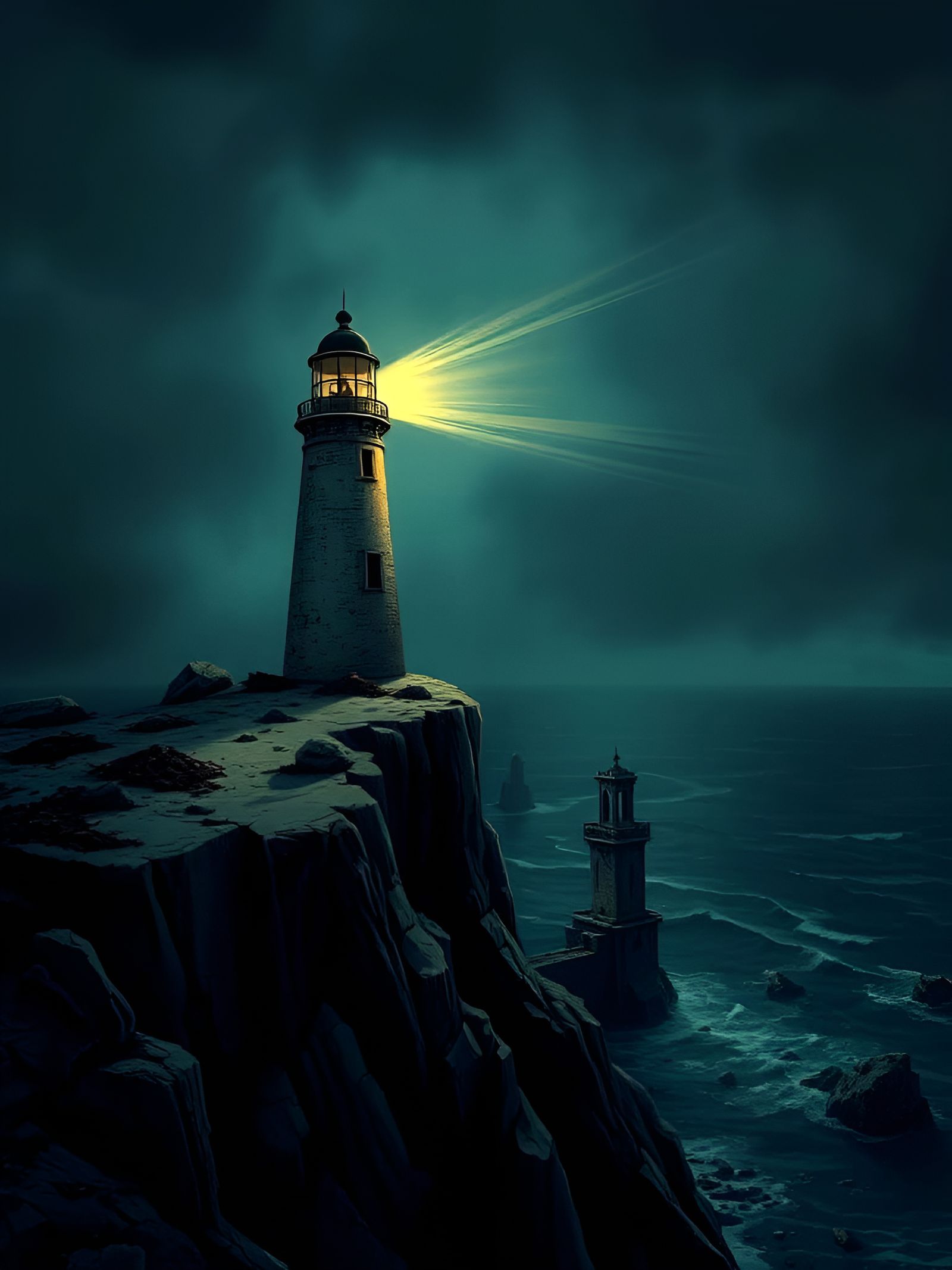 A lone, weathered lighthouse stands on a jagged cliff overlo...