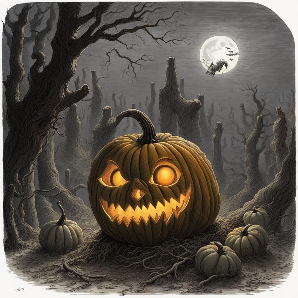 Eerie Pumpkin in Horror Engraving Style