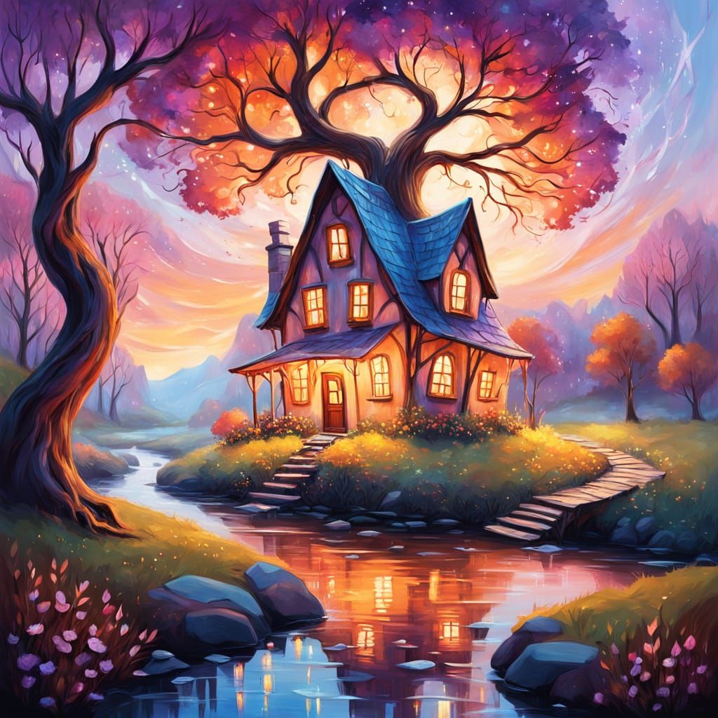 Enchanting Fairy-Tale Cottage Scene at Dusk