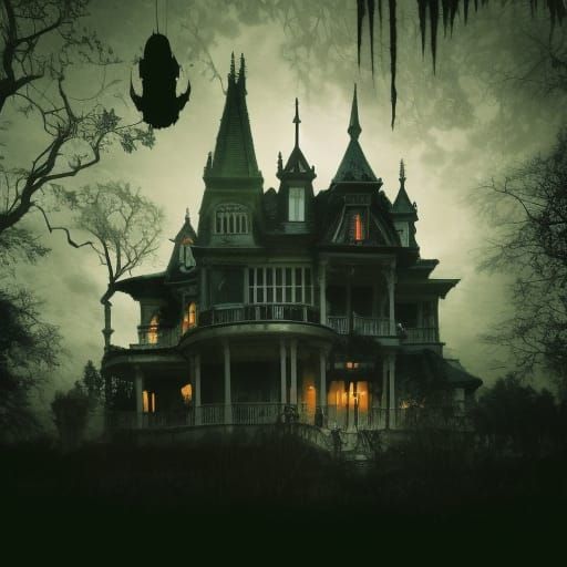 Eerie Haunted Mansion Illustration in Art Nouveau Style