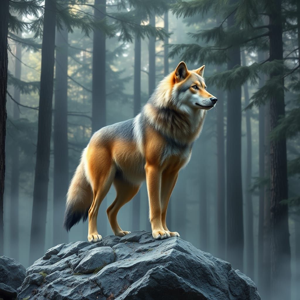 Wolf in a Majestic, Serene Landscape with Forest Backdrop