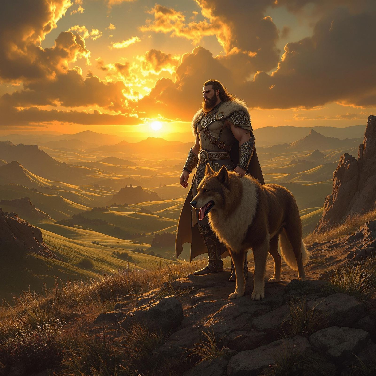 Epic Celtic Warrior Cú Chulainn and Loyal Hound in Mythic Su...