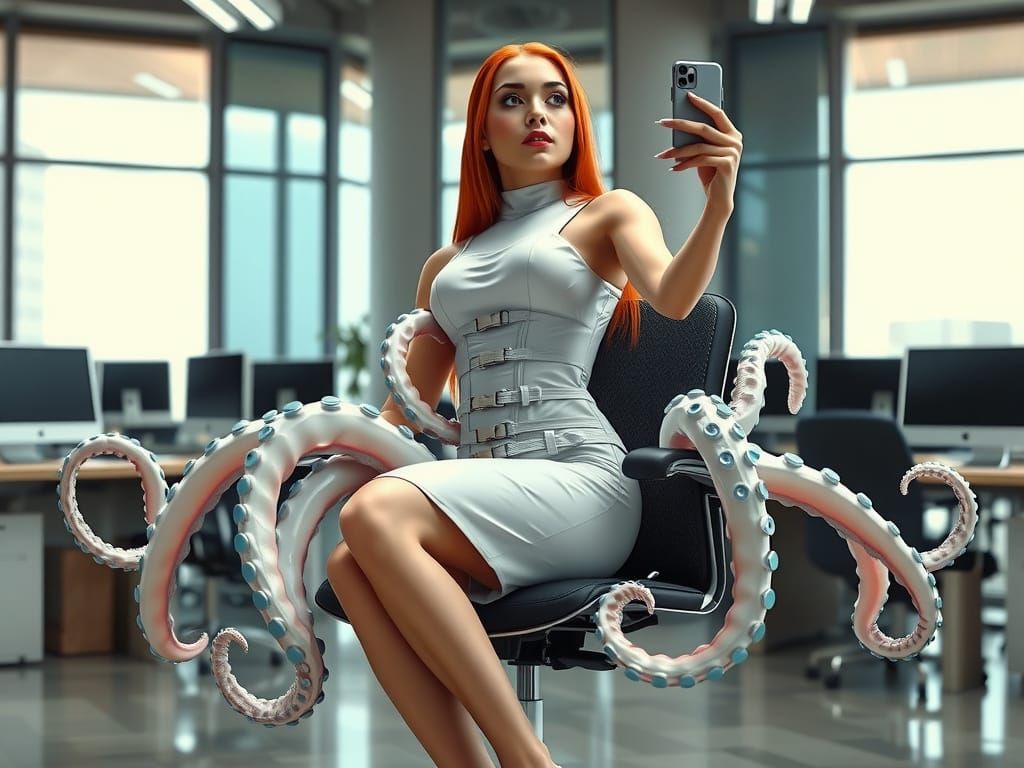 A striking and imaginative scene set in a modern office envi...