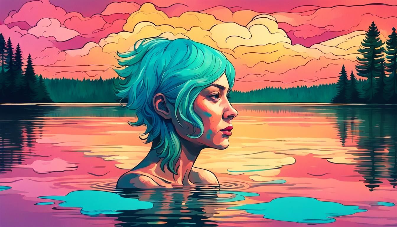 Woman with Cyan Hair Swimming at Sunset