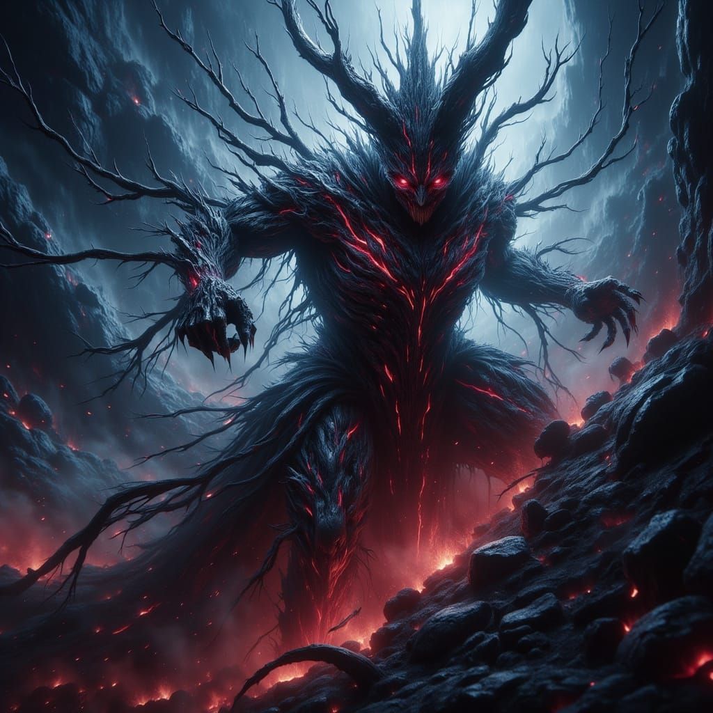 Epic Ink Demon Warrior in Moody Sci-Fi Landscape