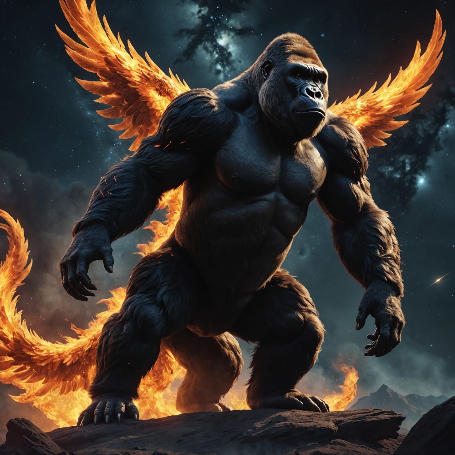 Gorilla on Blazing Phoenix in Space: Photorealistic 4K