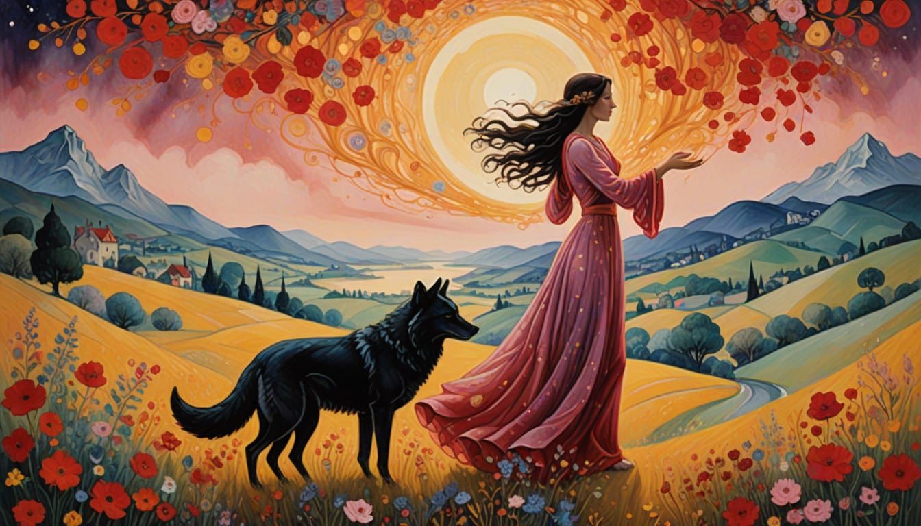 Radiant Dark-Haired Woman in Golden Light, Surrounded by Vib...