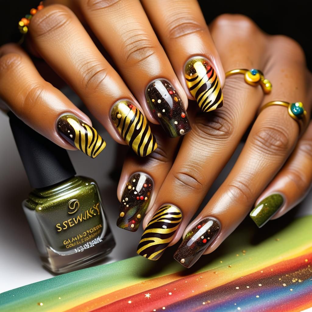 Autumn-Inspired Zebra Galaxy Nail Art Close-Up