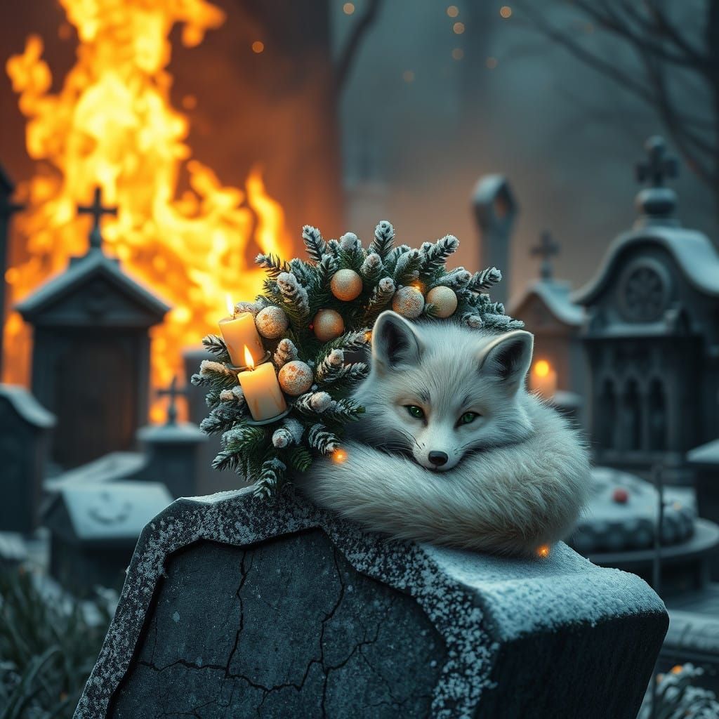 Hauntingly Beautiful Christmas Wreath Scene with Fireflies a...