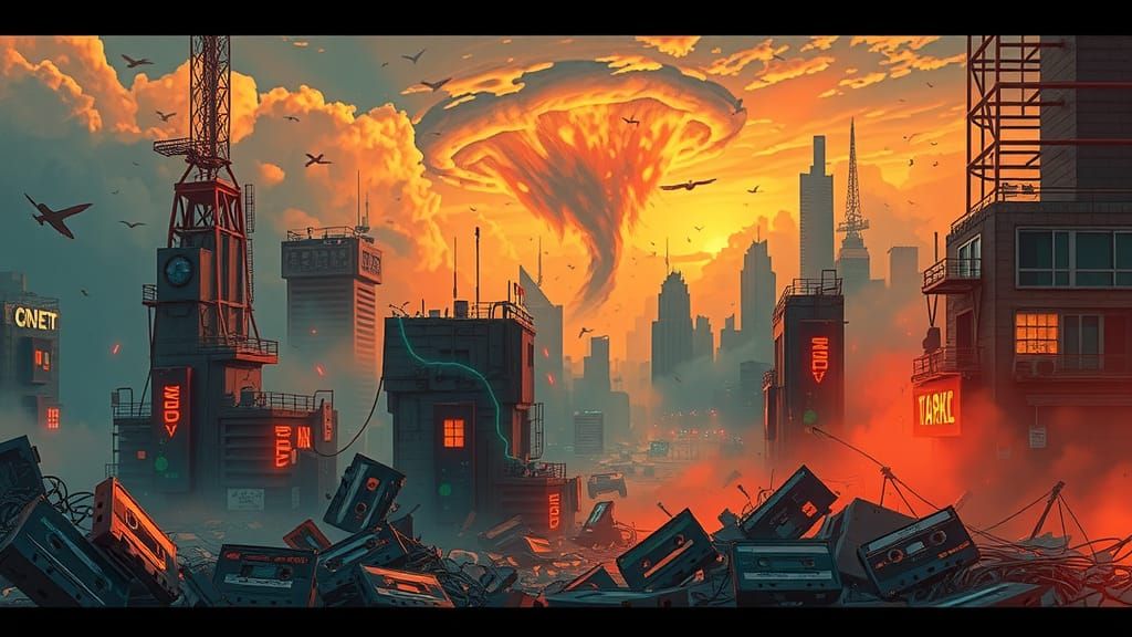 Cassette Futurism Cityscape Engulfed in Golden Hour Fog