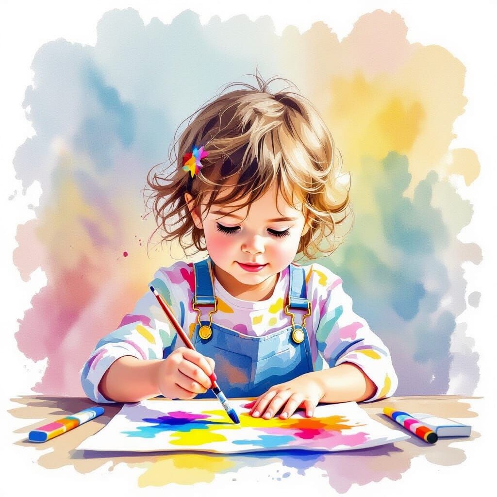 Joyful Child Painting with Bright Watercolor Splashes