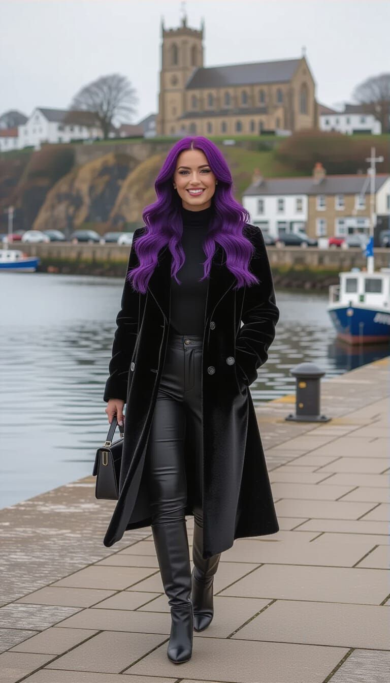 Woman with Purple Hair Walks Yorkshire Harbour in Autumn
