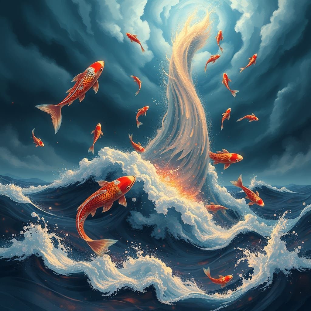 Koi Fish Ascent: A Surreal Anime Transformation