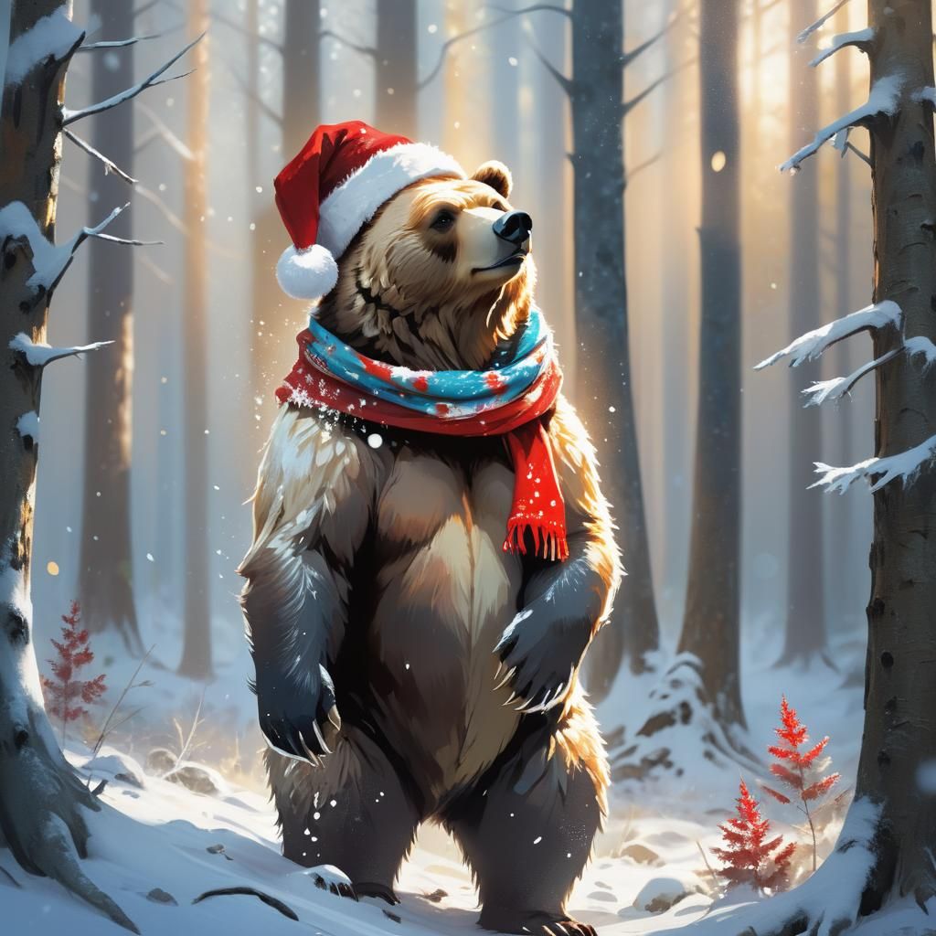 Majestic Winter Bear Enchants in Snowy Forest with Golden Gl...
