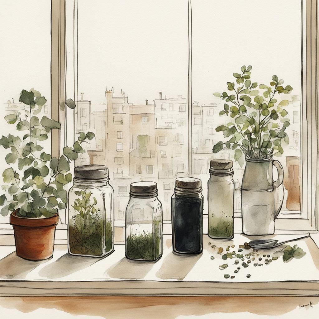 Kitchen Still Life: Sketch with Shakers and Herbs