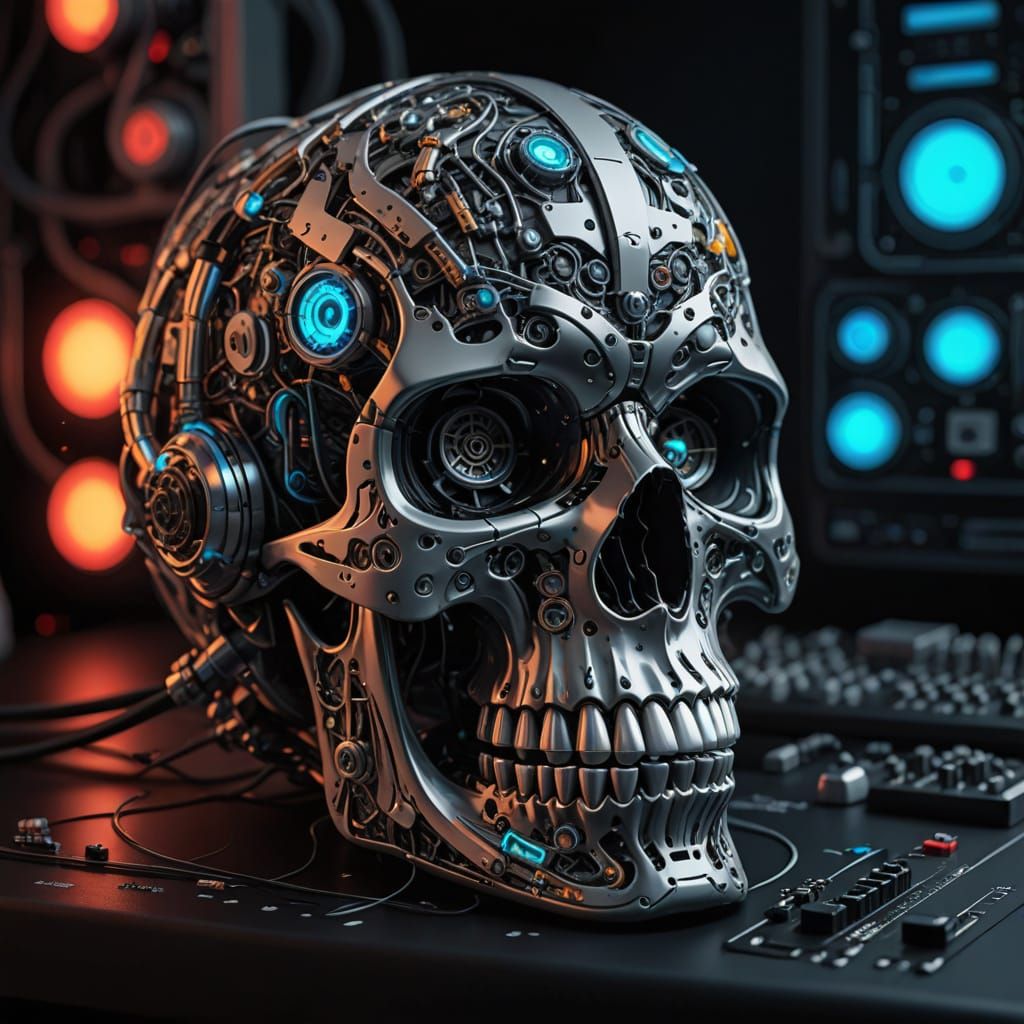 Techno Art Skull in Futuristic Digital Painting