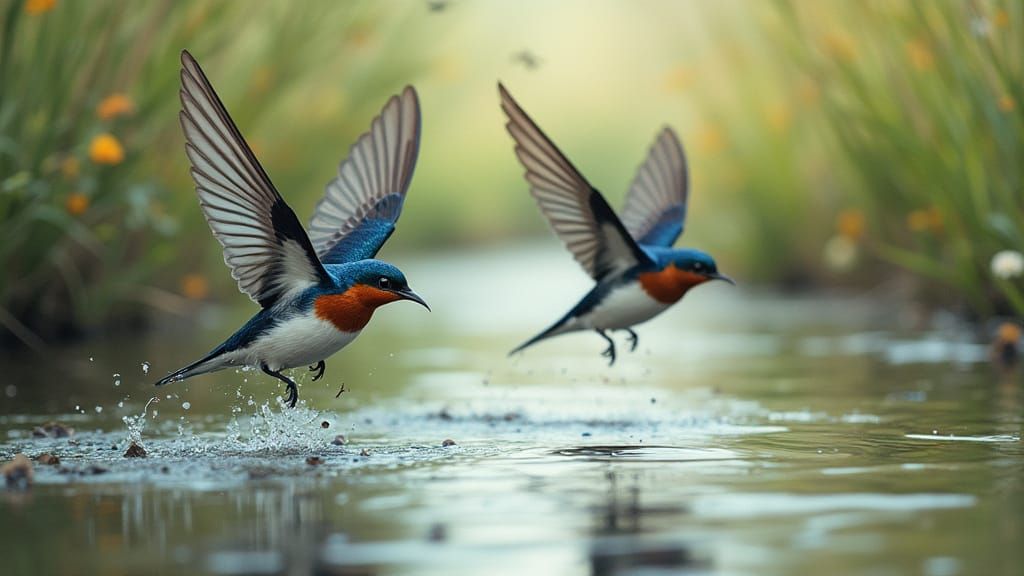 Swallows Skimming Stream, Painterly Dreamlike Scene