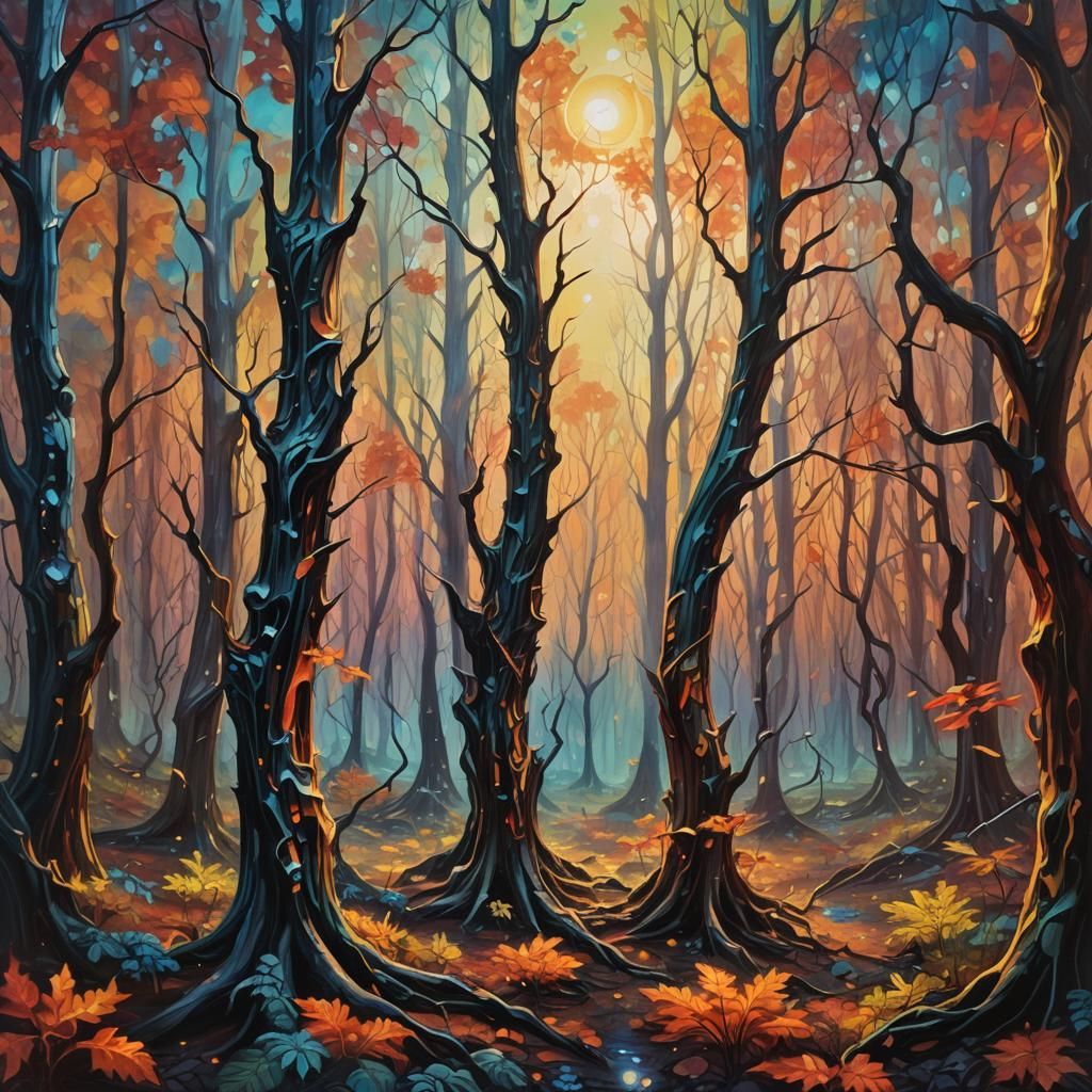 Surreal Metal-Leafed Forest Reflecting Cosmic Light