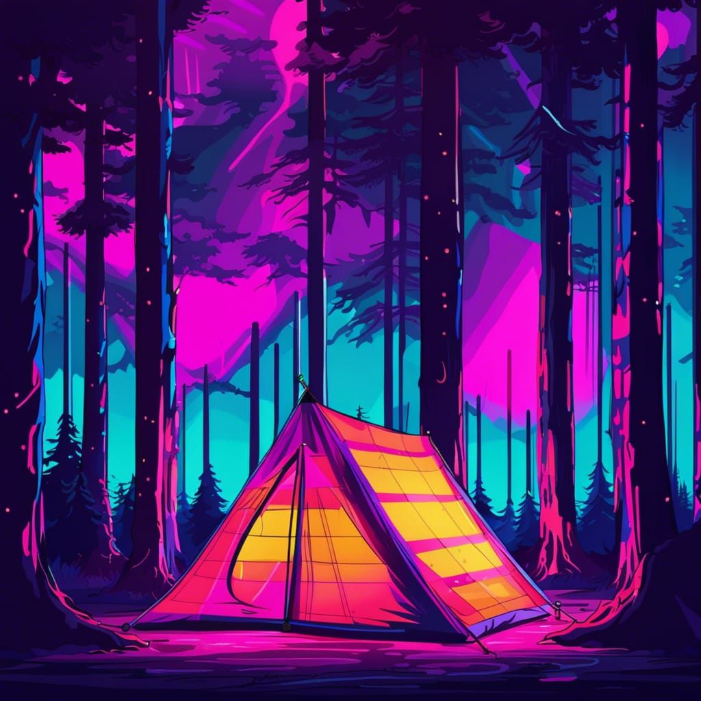Plaid Tent at Campsite in Synthwave Style