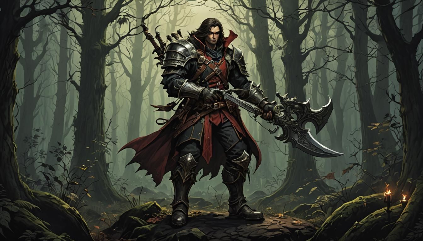 Fantasy Hunter in Dark Forest, Gothic Horror Style
