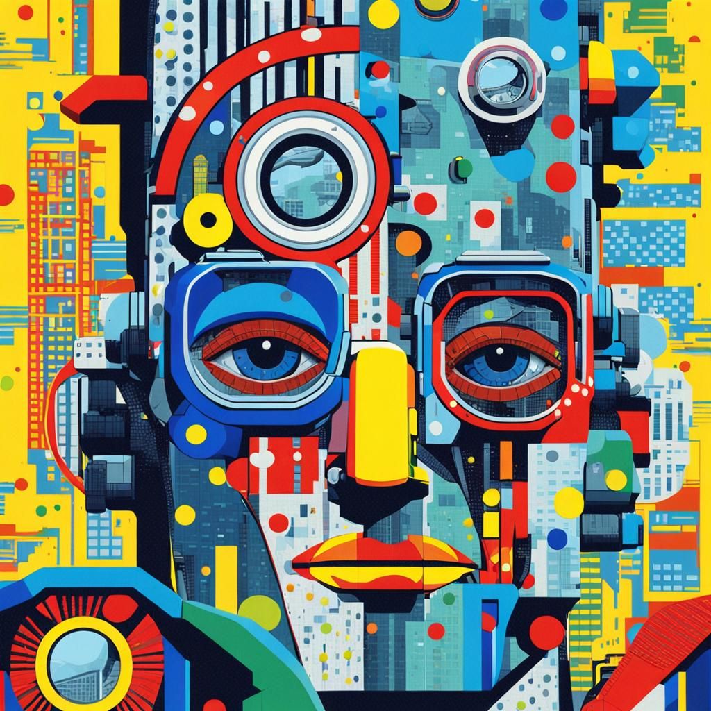 Cyborg Robot in Pop Art Collage Style