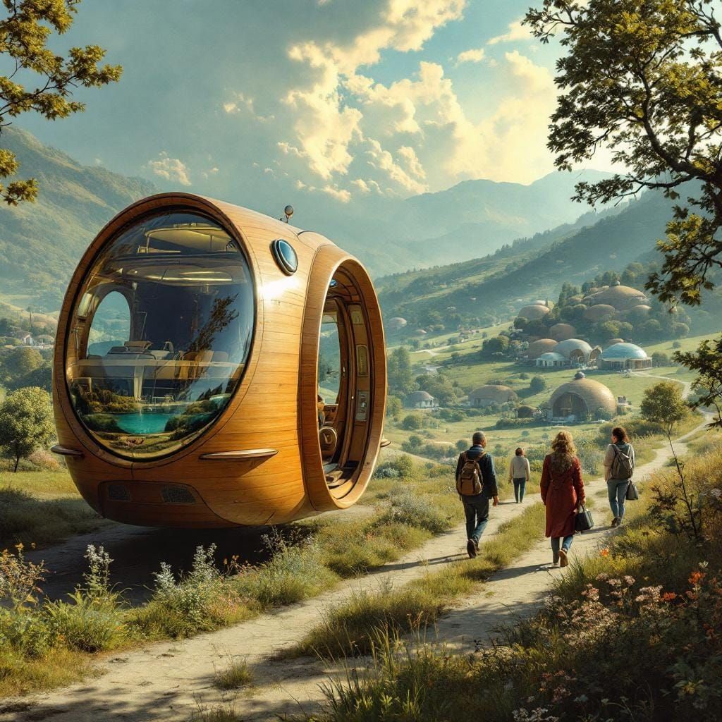 Flying Wooden Bus at Eco-Village, Hyperrealistic Airbrush Ar...