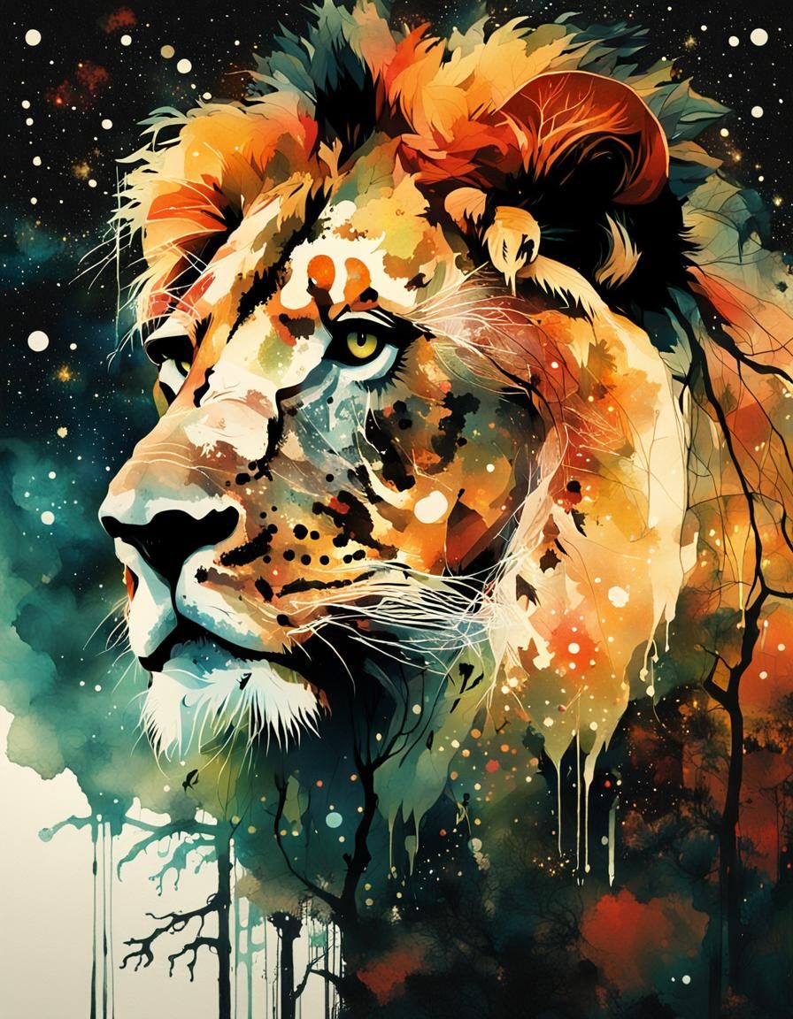 Lion Galaxy Double Exposure in Gouache Style