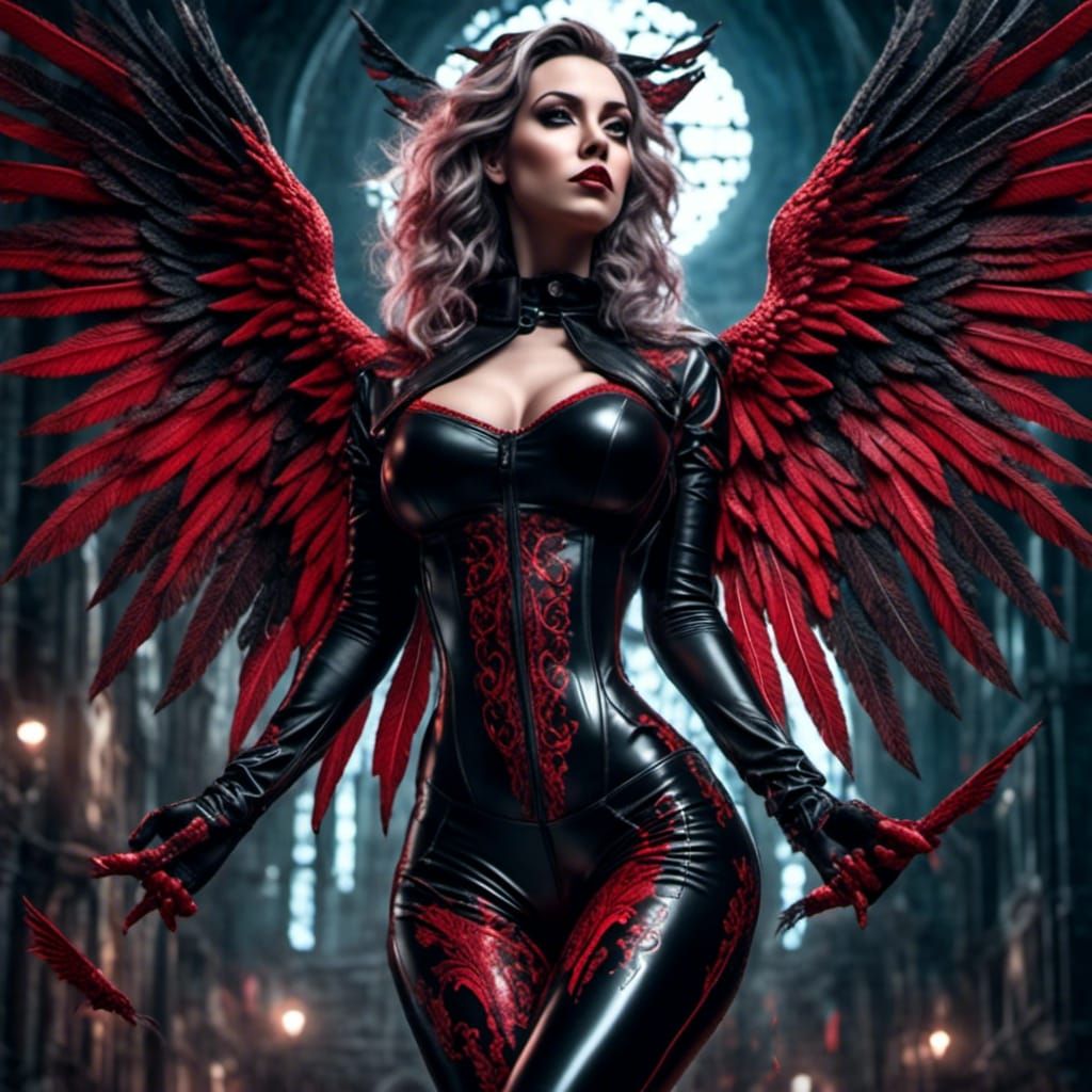 Gothic Angel in Latex Catsuit, Hyperrealistic Boudoir Photog...