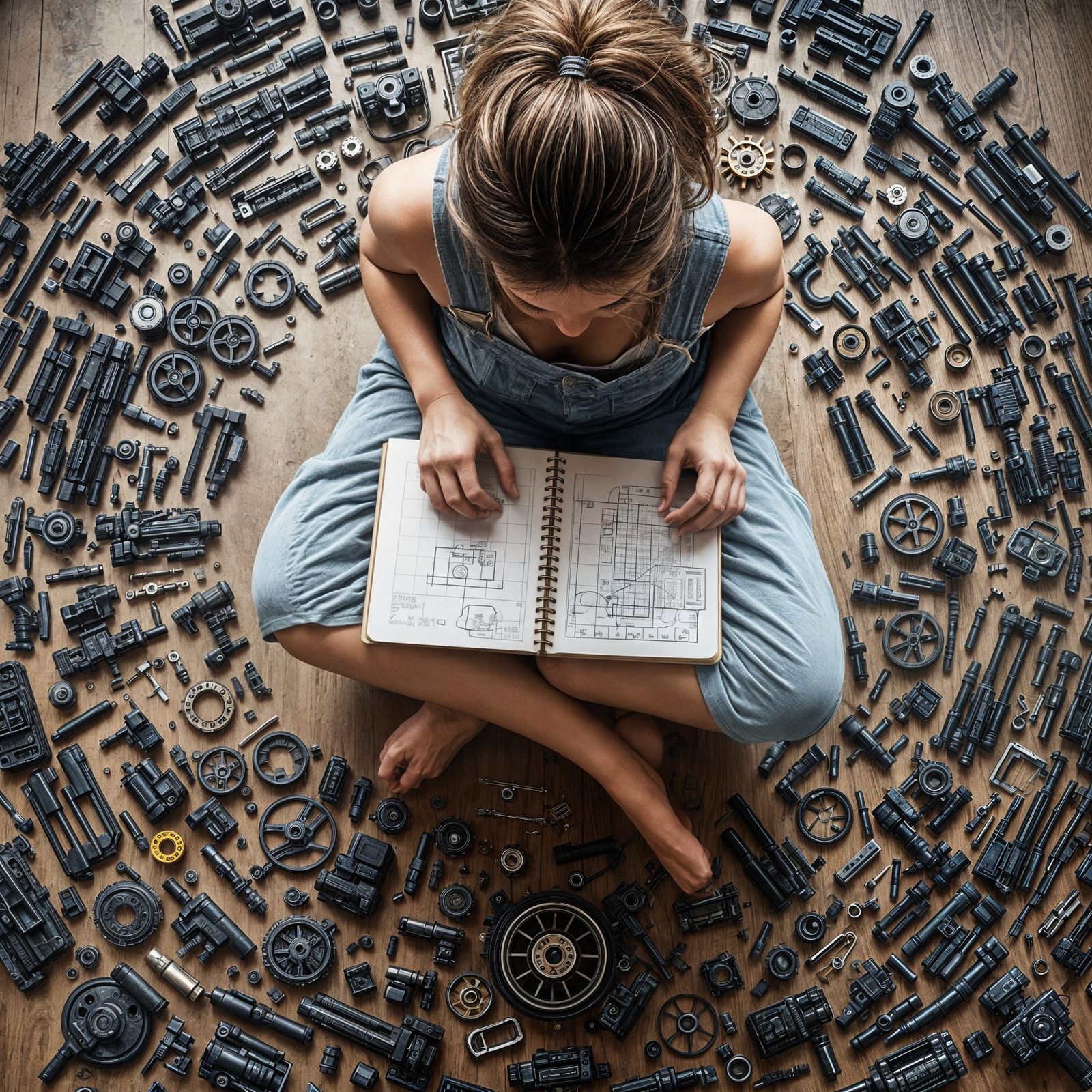 Young Inventor Surrounded by Gears and Schematics in a Circu...