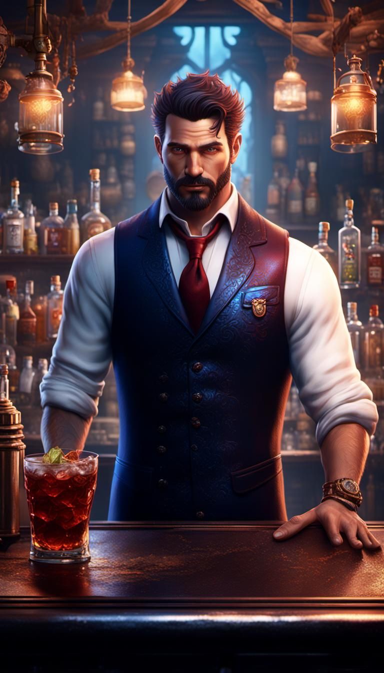 Detailed Matte Painting of a Handsome Bartender