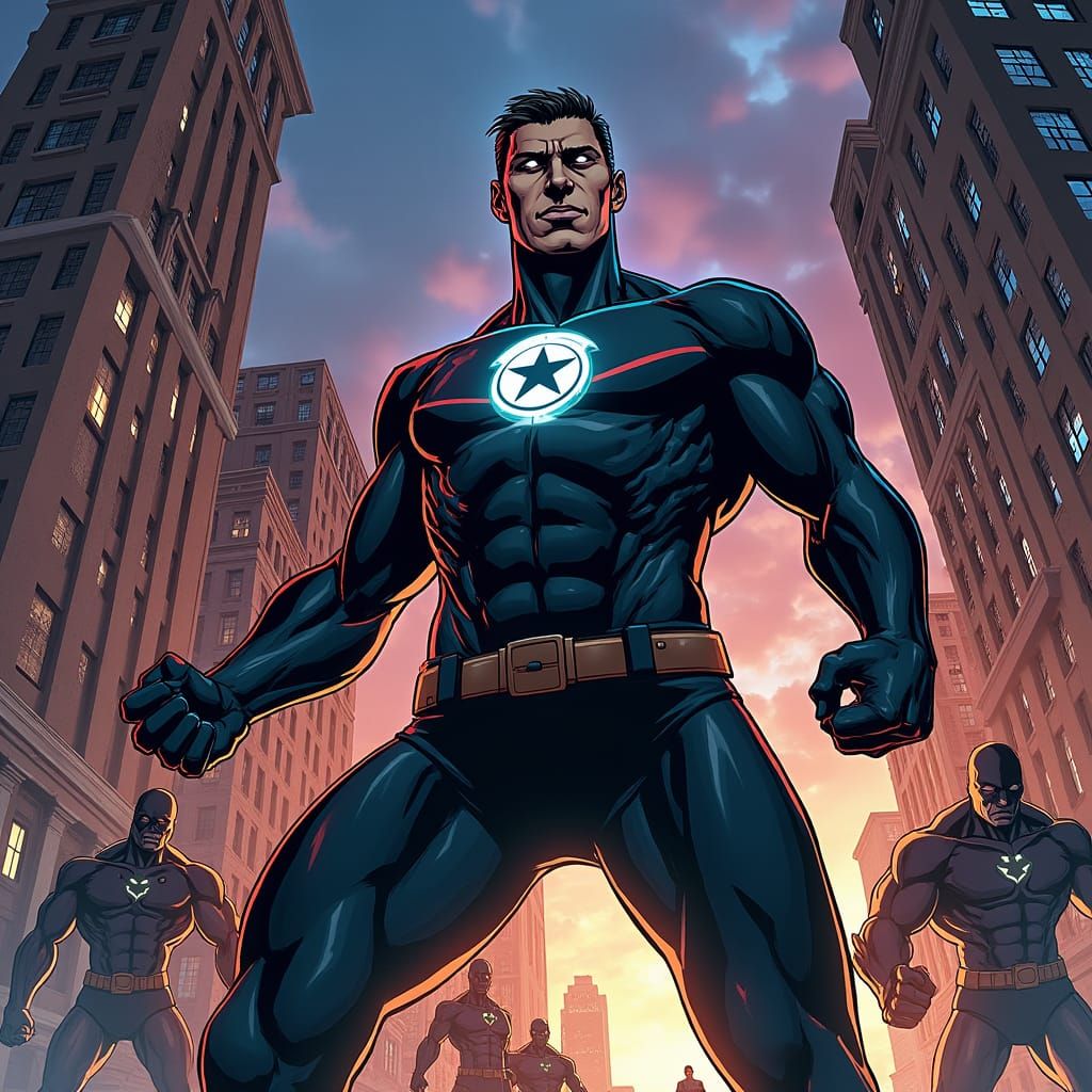 Superhero Battle in Gritty Cityscape, Graphic Novel Art