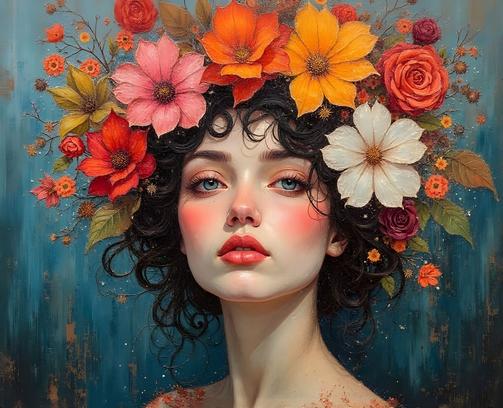 Emotive Floral Portrait in Mixed Media Style