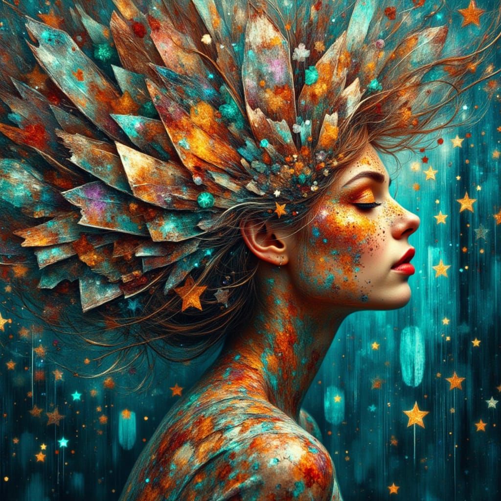 Woman With Stained Glass Hair and Falling Stars