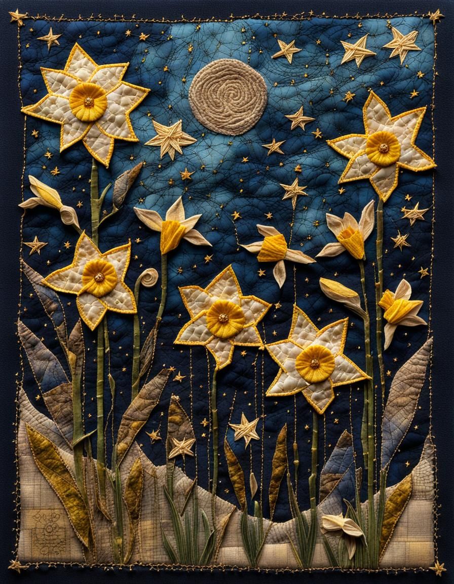 Embroidered Daffodils Fabric Collage in Mixed Media