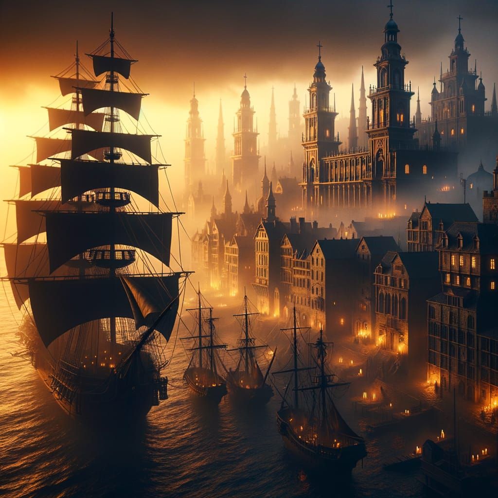 Mysterious Gothic Port City at Sunset in High Fantasy Style